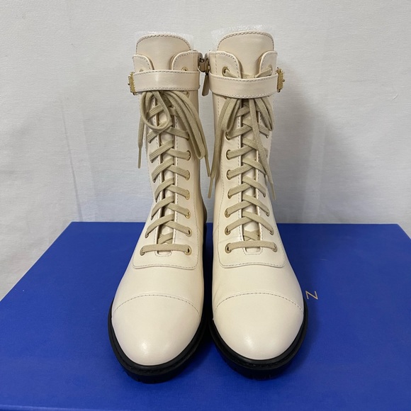 Stuart Weitzman Thalia Leather Combat Lace-up Boots in Ivory NWT - Picture 6 of 9